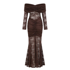 Brigitte Brown Lace Panel Ruched Maxi Dress