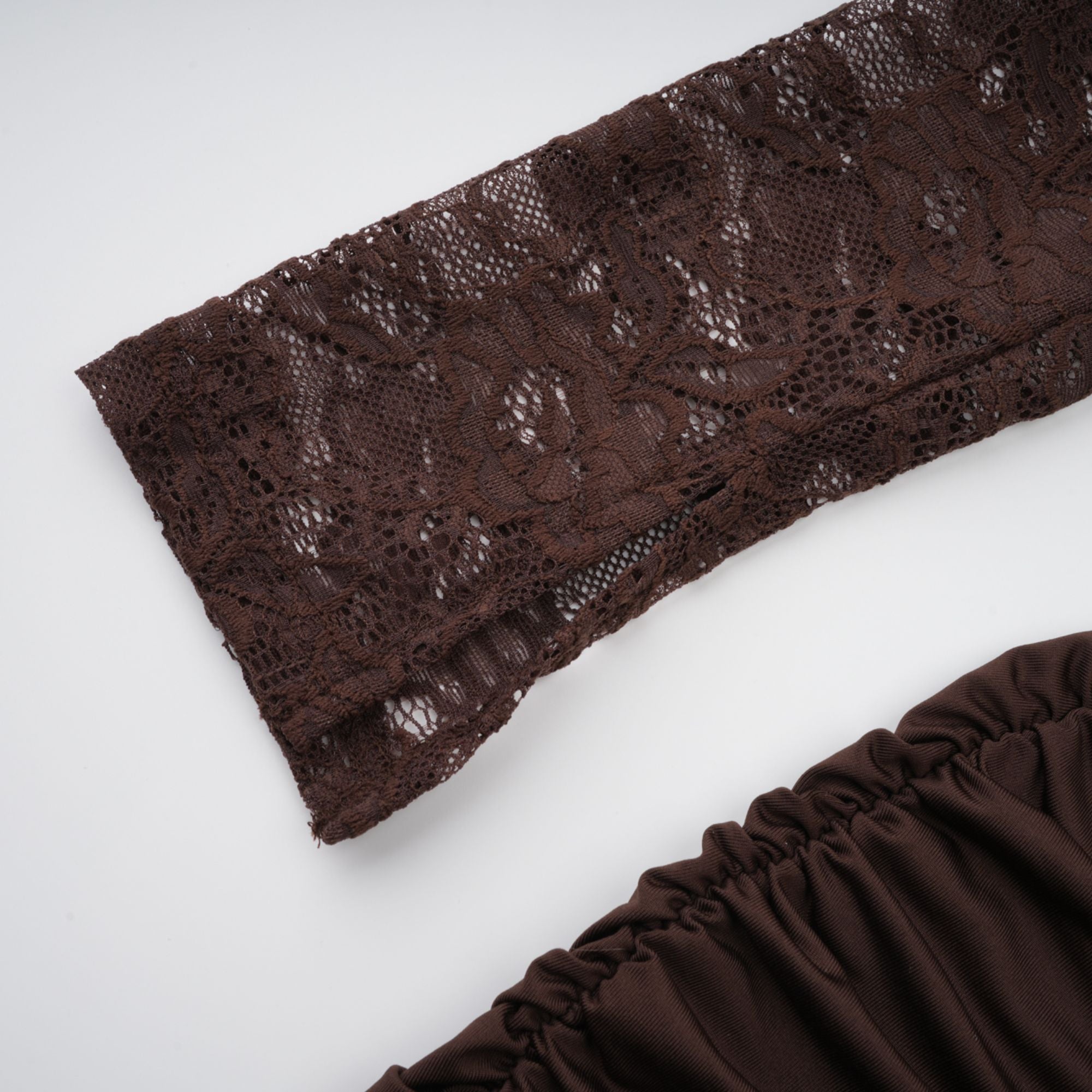 Brigitte Brown Lace Panel Ruched Maxi Dress