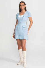 Textured Tweed Mini Dress with Bow Detail – Light Blue