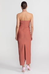 Halter Neck Midi Dress With All-Over Pleated Texture - Light Brown