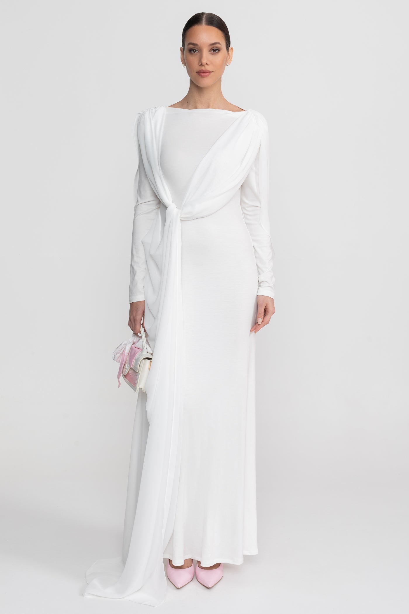 Draped Long Sleeve Maxi Dress With Cape Overlay With Knot Front Detail  - White