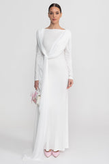 Draped Long Sleeve Maxi Dress With Cape Overlay With Knot Front Detail  - White