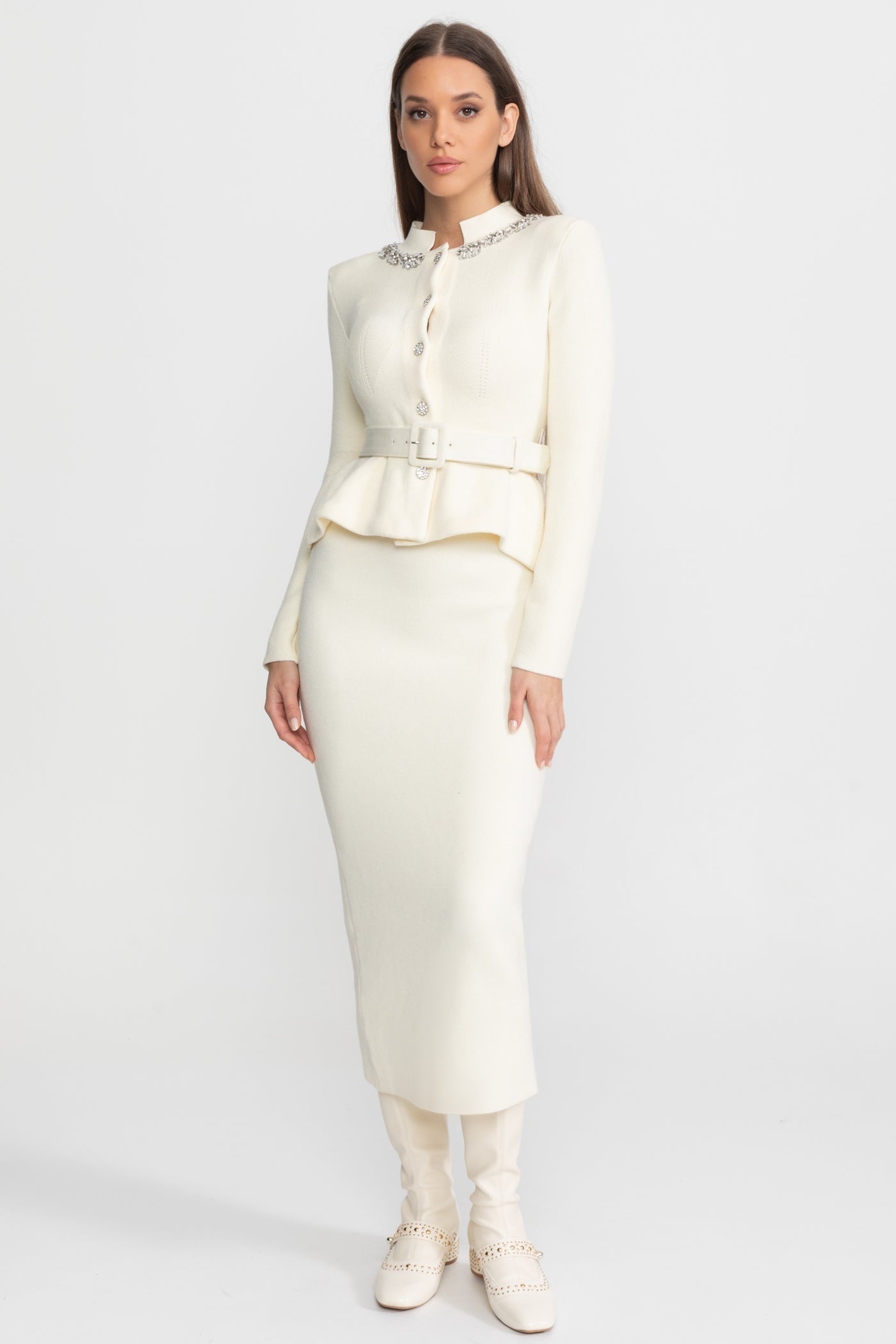 Midi Dress with Peplum Waist and Crystal Collar – Ivoire