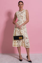 Lace Sleeveless Midi Dress With Round Neckline And Scalloped Hem - Yellow