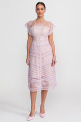 Lace Cap Sleeve Midi Dress With Scalloped Trims And Pearl Button Detail - Lilac
