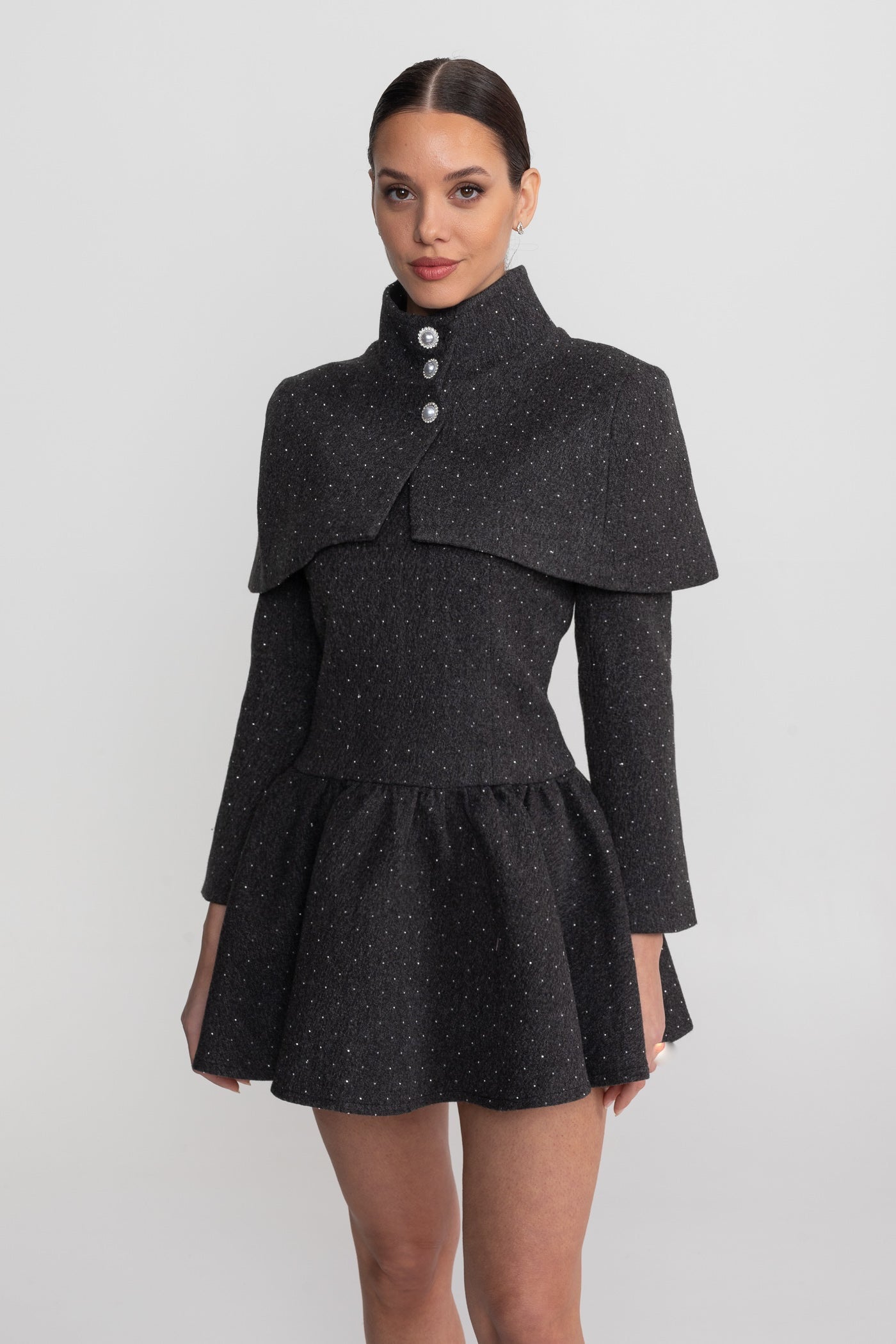 Long Sleeve Mini Dress With Detachable Cape Overlay - Charcoal