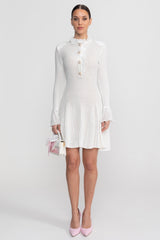 Open-Knit Mini Dress With Ruffle High Neck And Pearl Button Placket - White