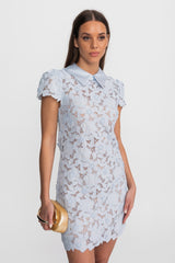 Floral Lace Mini Dress with Satin Collar – Light Blue