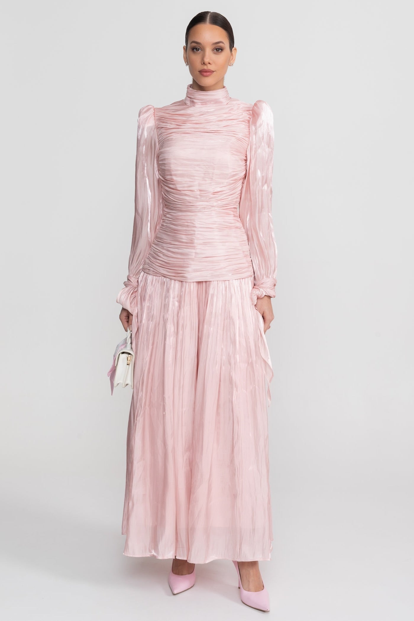 Ruched Long Sleeve Maxi Dress With Pleated Skirt - Blush Pink