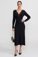Ribbed Long Sleeve Midi Dress With Lace-Trim V-Neckline - Black