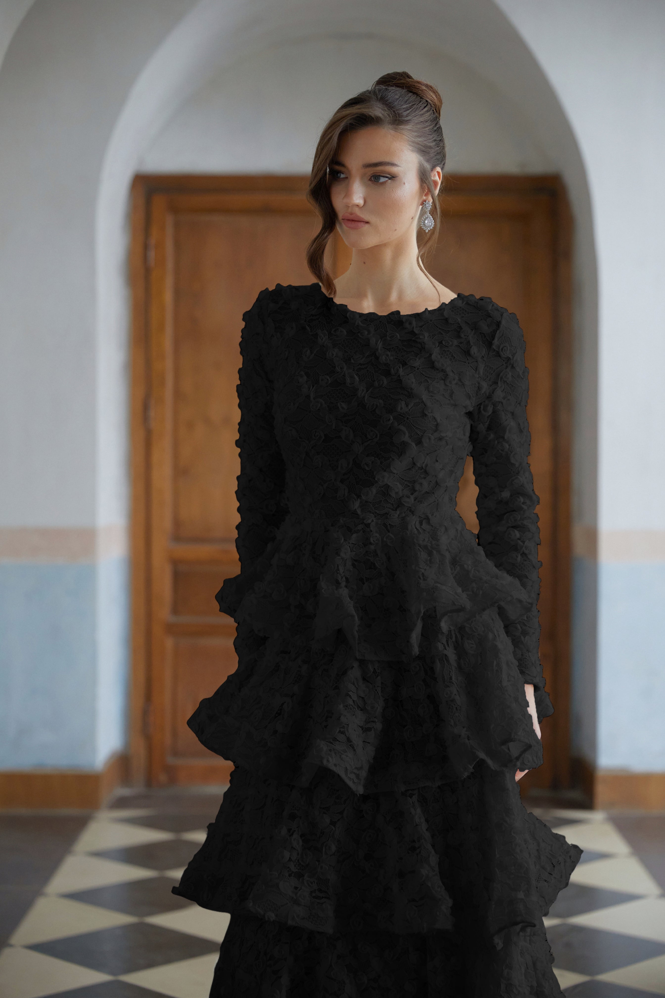 Halla Black Tiered Floral Lace Maxi Dress