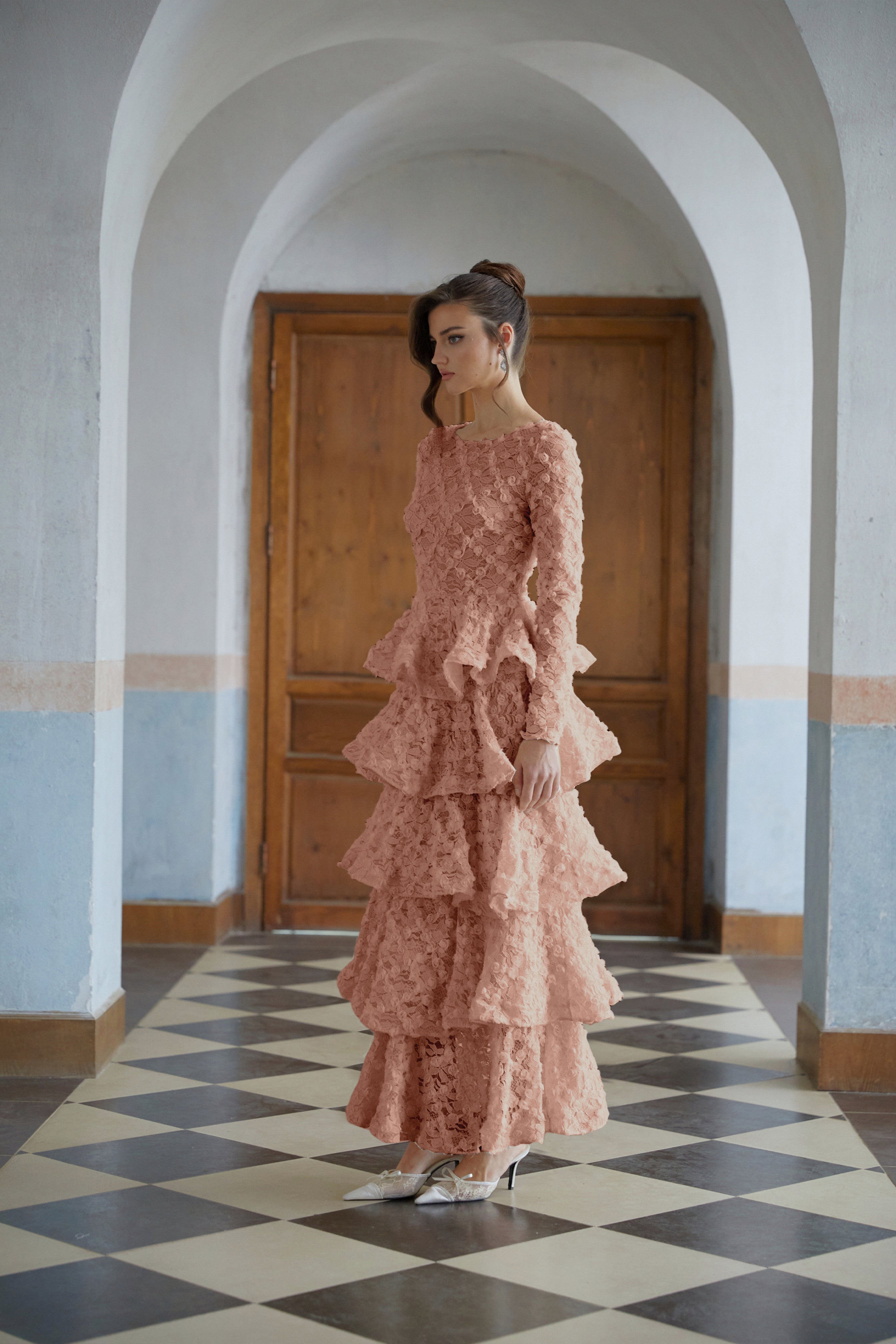 Halla Pink Tiered Floral Lace Maxi Dress