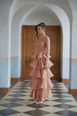 Halla Pink Tiered Floral Lace Maxi Dress