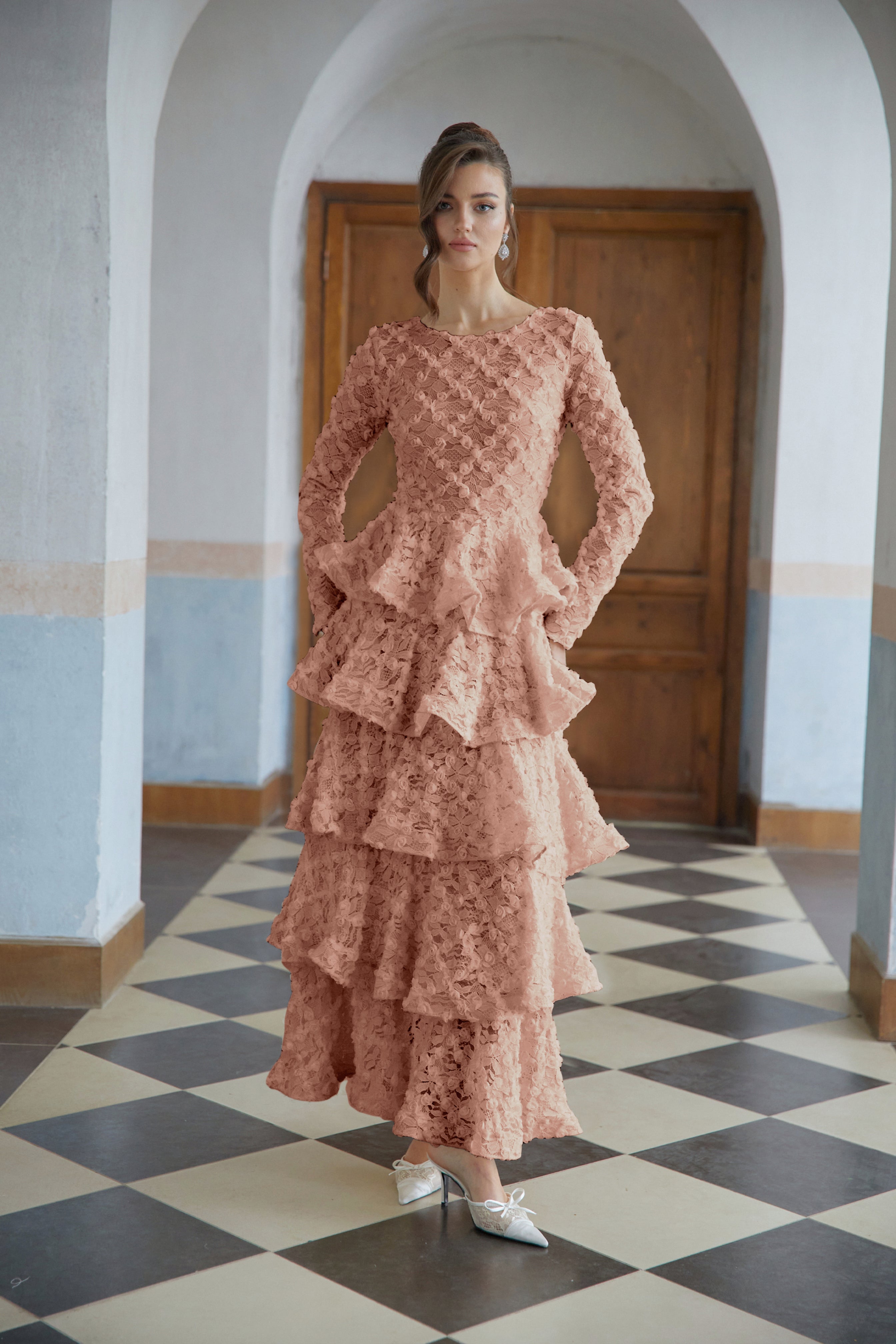 Halla Pink Tiered Floral Lace Maxi Dress