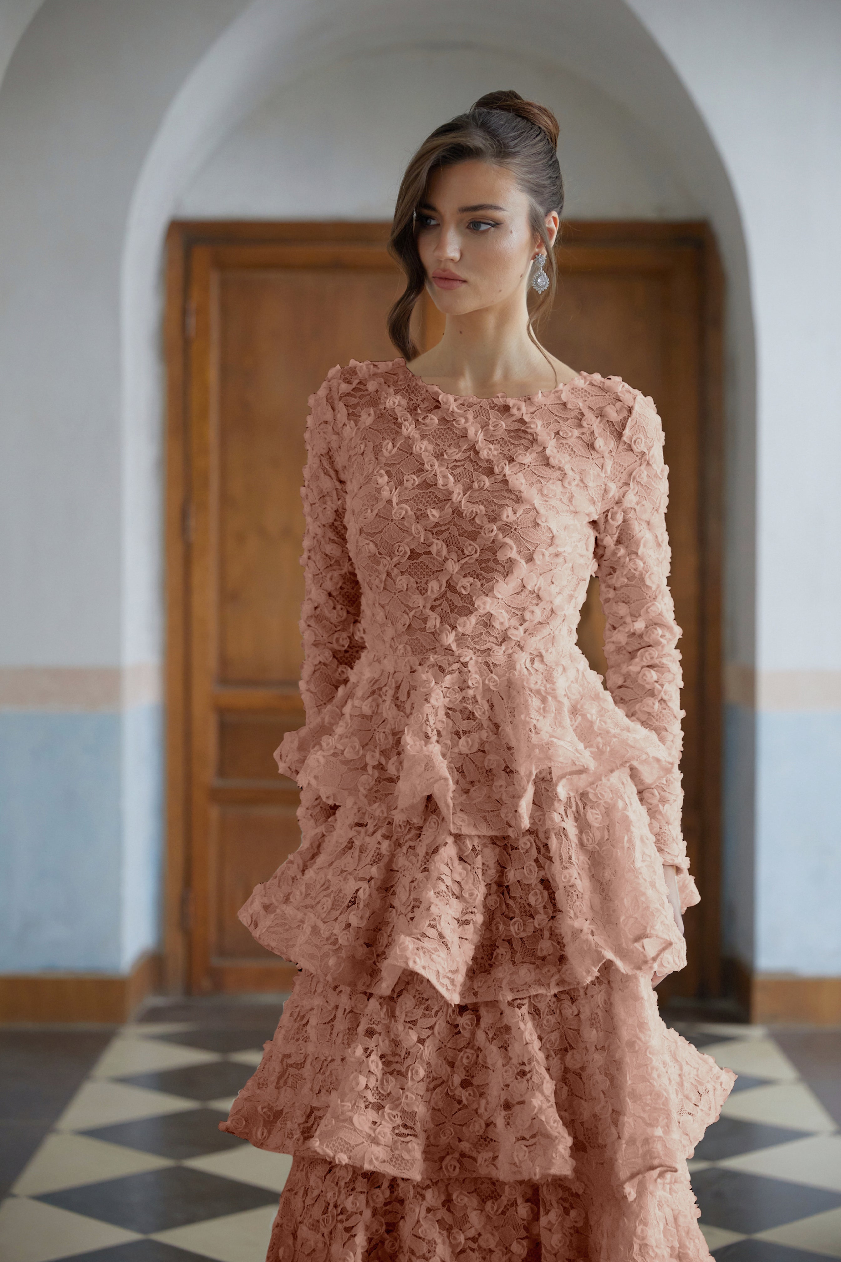 Halla Pink Tiered Floral Lace Maxi Dress