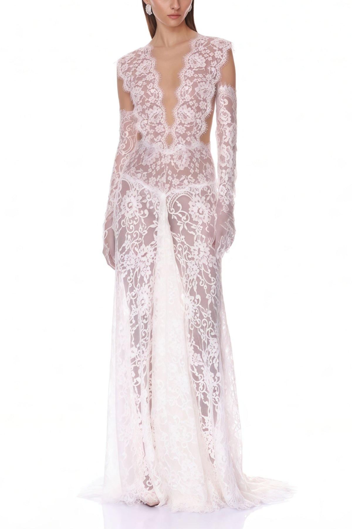 Hanna White Sheer Lace Maxi Dress with Deep V-Neck