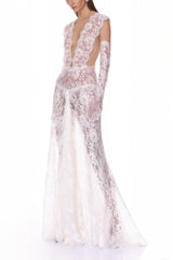 Hanna White Sheer Lace Maxi Dress with Deep V-Neck