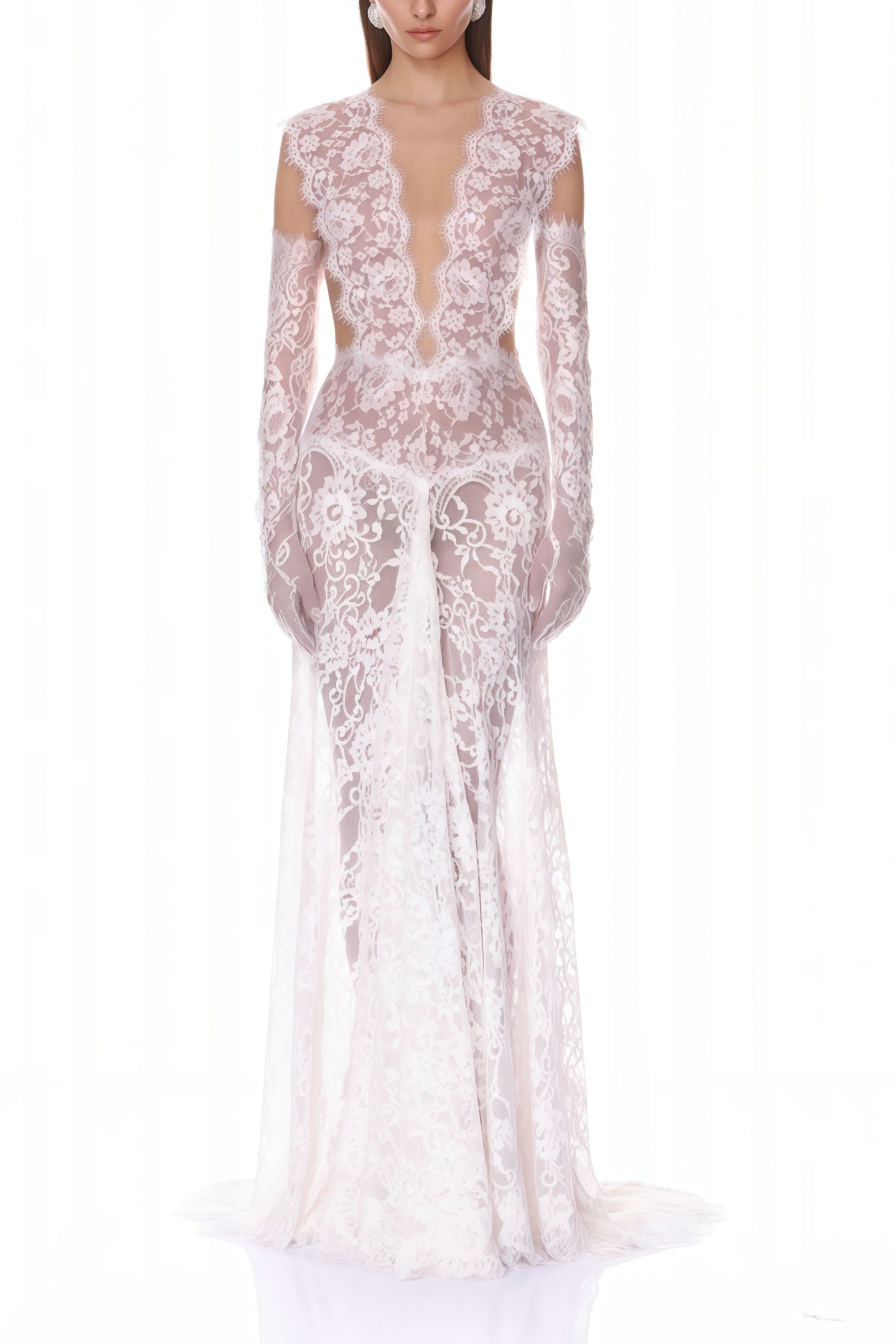 Hanna White Sheer Lace Maxi Dress with Deep V-Neck