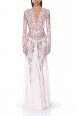 Hanna White Sheer Lace Maxi Dress with Deep V-Neck