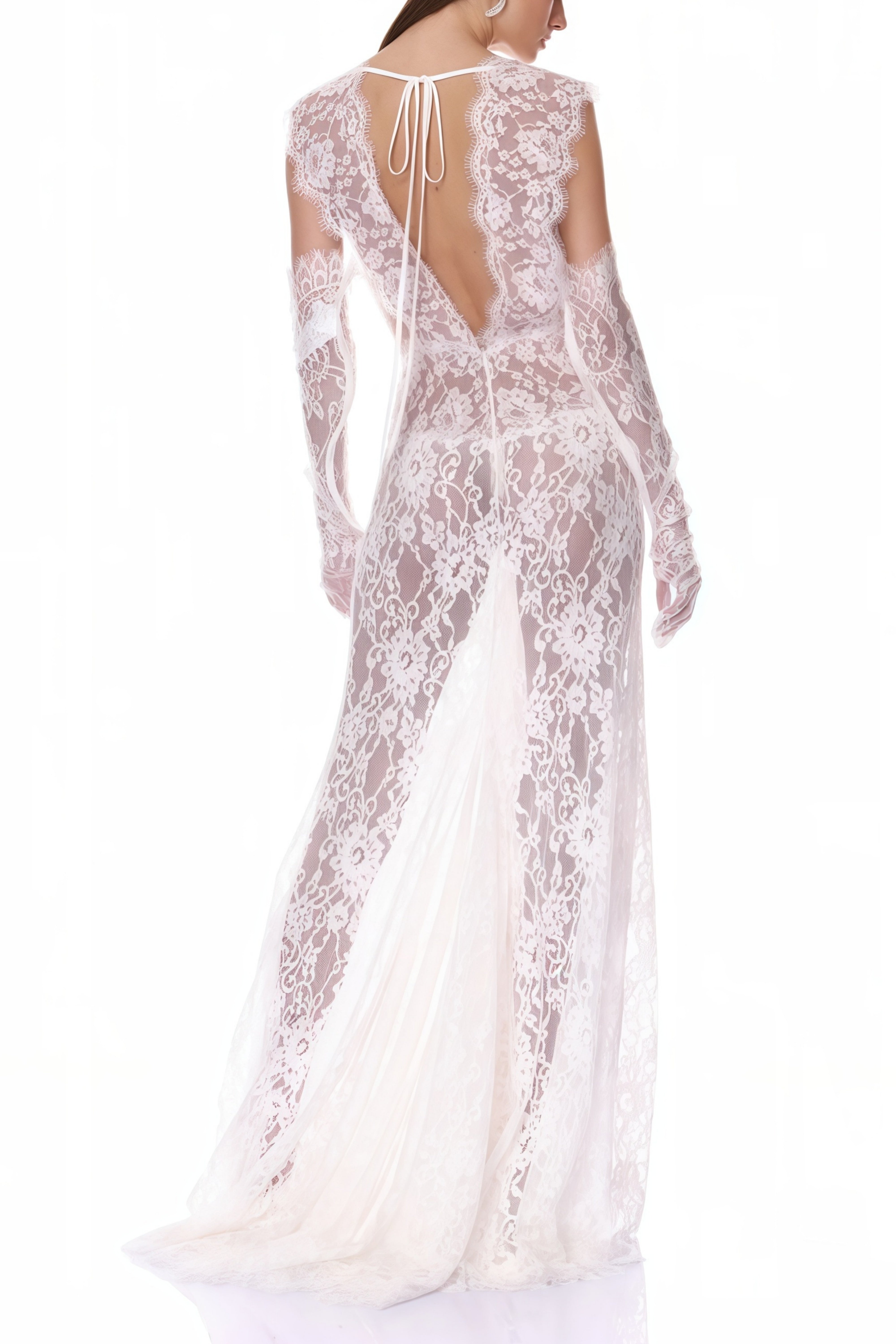 Hanna White Sheer Lace Maxi Dress with Deep V-Neck