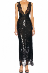 Ava Black Lace Panel Sequined Maxi Dress
