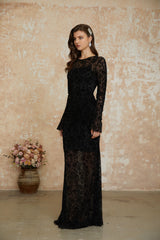 Kismet Black Flocked Floral Ruched Maxi Dress