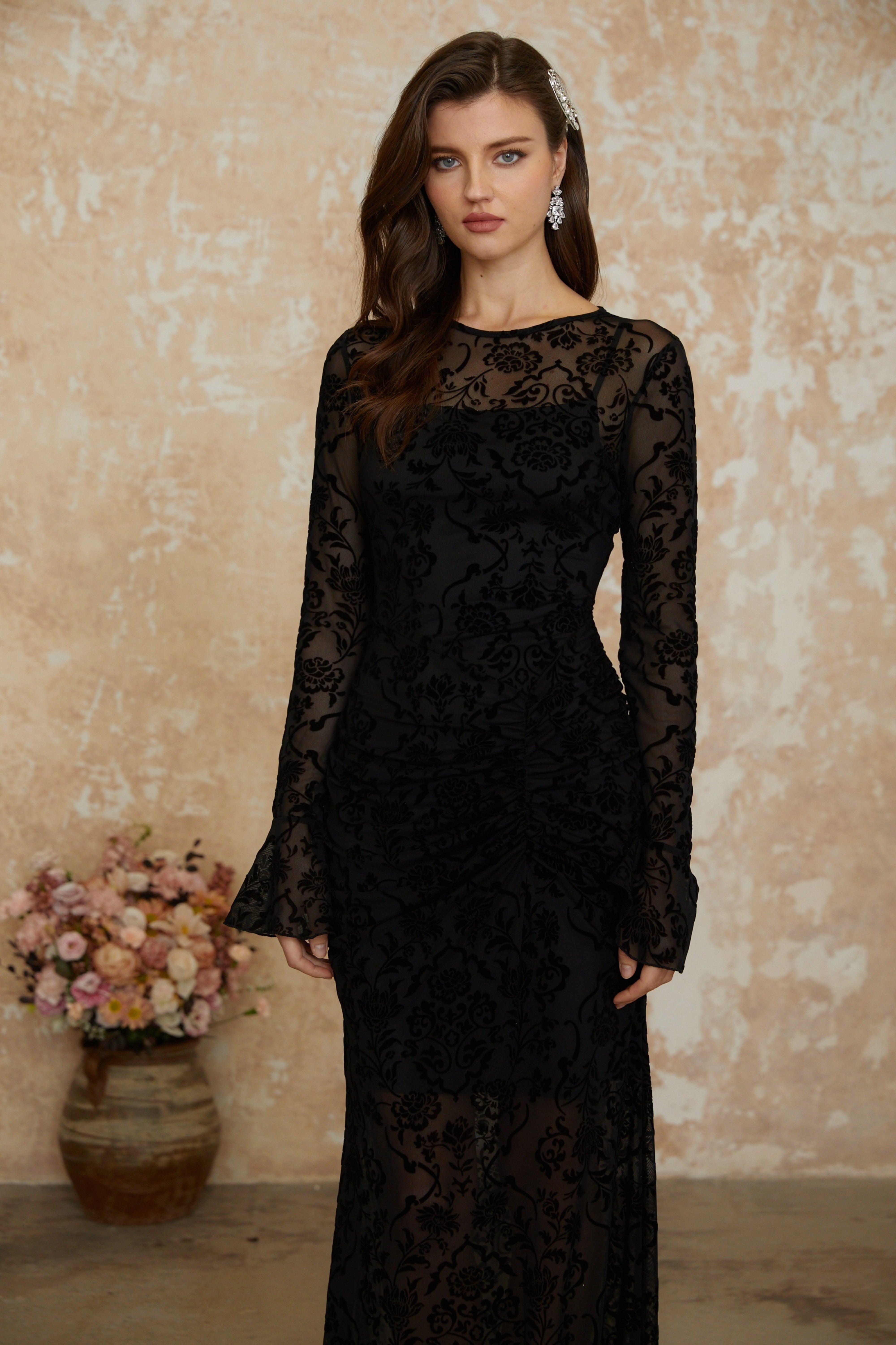 Kismet Black Flocked Floral Ruched Maxi Dress