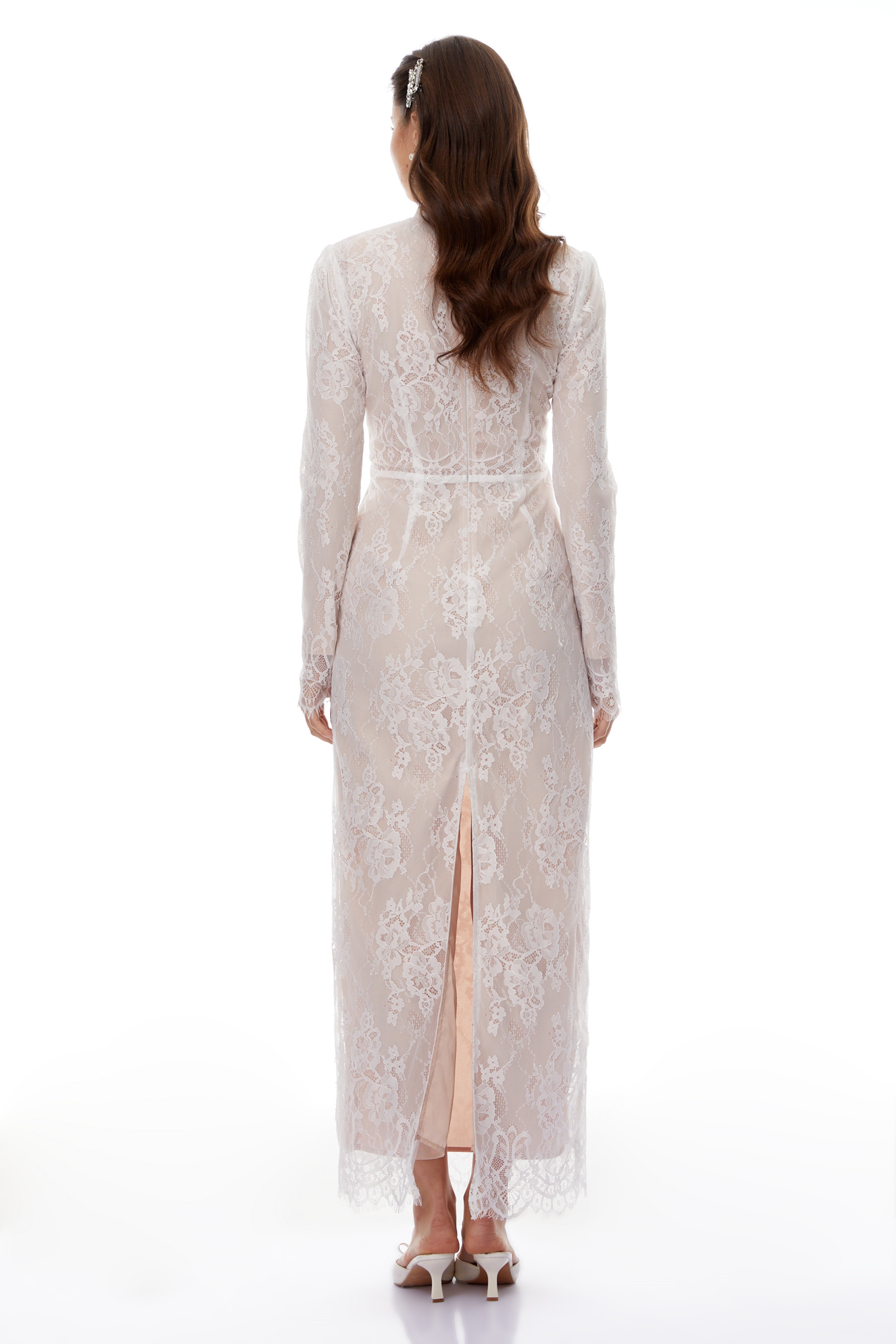 Leif White Mock Neck Lace Overlay Maxi Dress