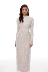 Leif White Mock Neck Lace Overlay Maxi Dress