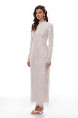 Leif White Mock Neck Lace Overlay Maxi Dress