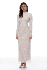 Leif White Mock Neck Lace Overlay Maxi Dress