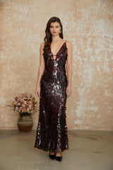 Lucyna Brown V-Neck Sequin Maxi Dress