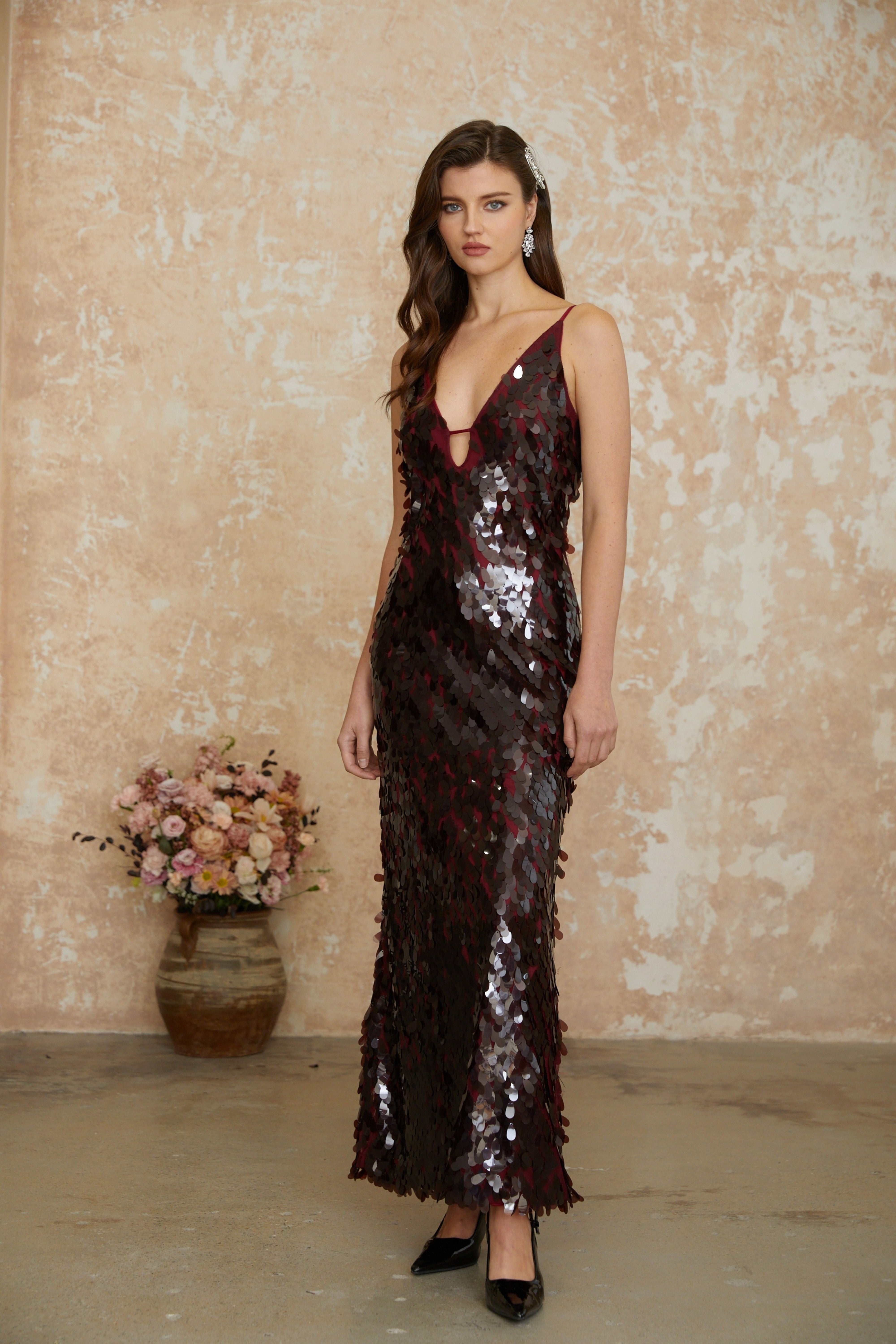 Lucyna Brown V-Neck Sequin Maxi Dress