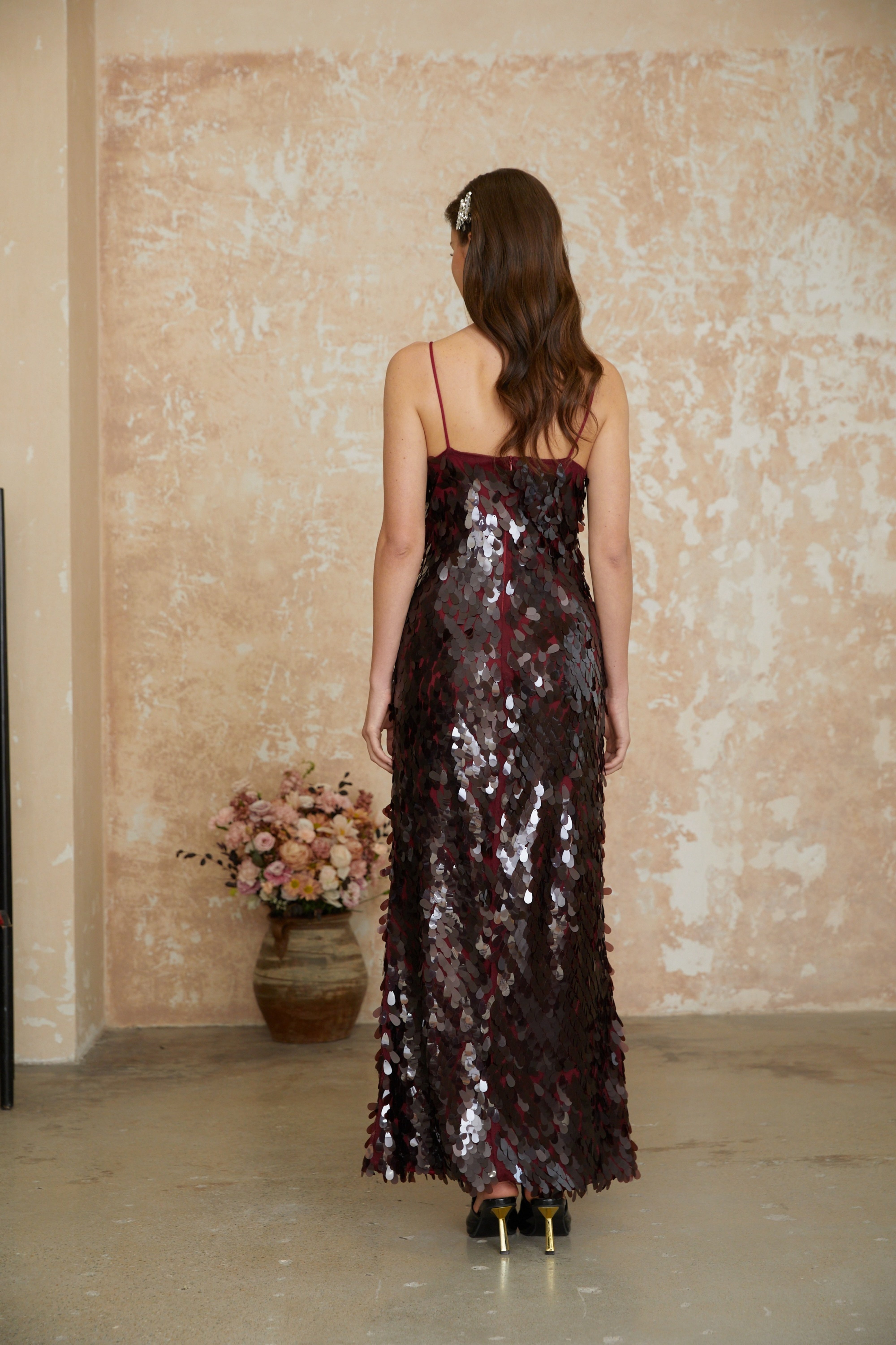 Lucyna Brown V-Neck Sequin Maxi Dress