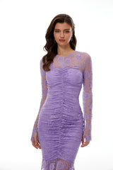 Magdalena Purple Floral Lace Ruched Maxi Dress