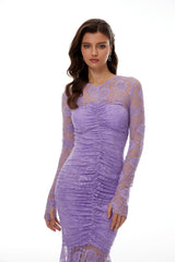 Magdalena Purple Floral Lace Ruched Maxi Dress