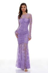 Magdalena Purple Floral Lace Ruched Maxi Dress