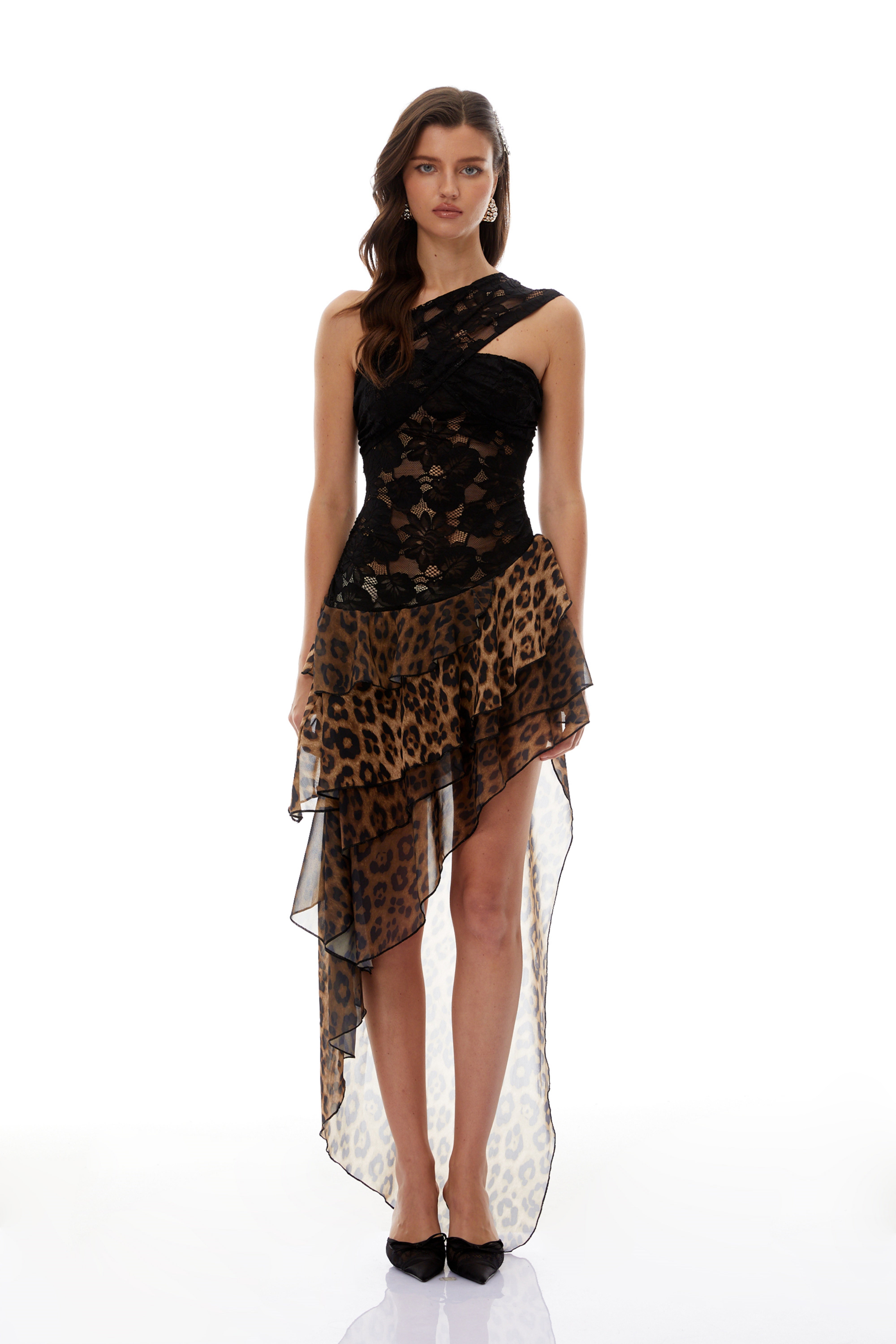 Marion Black Leopard Print Asymmetrical Maxi Dress