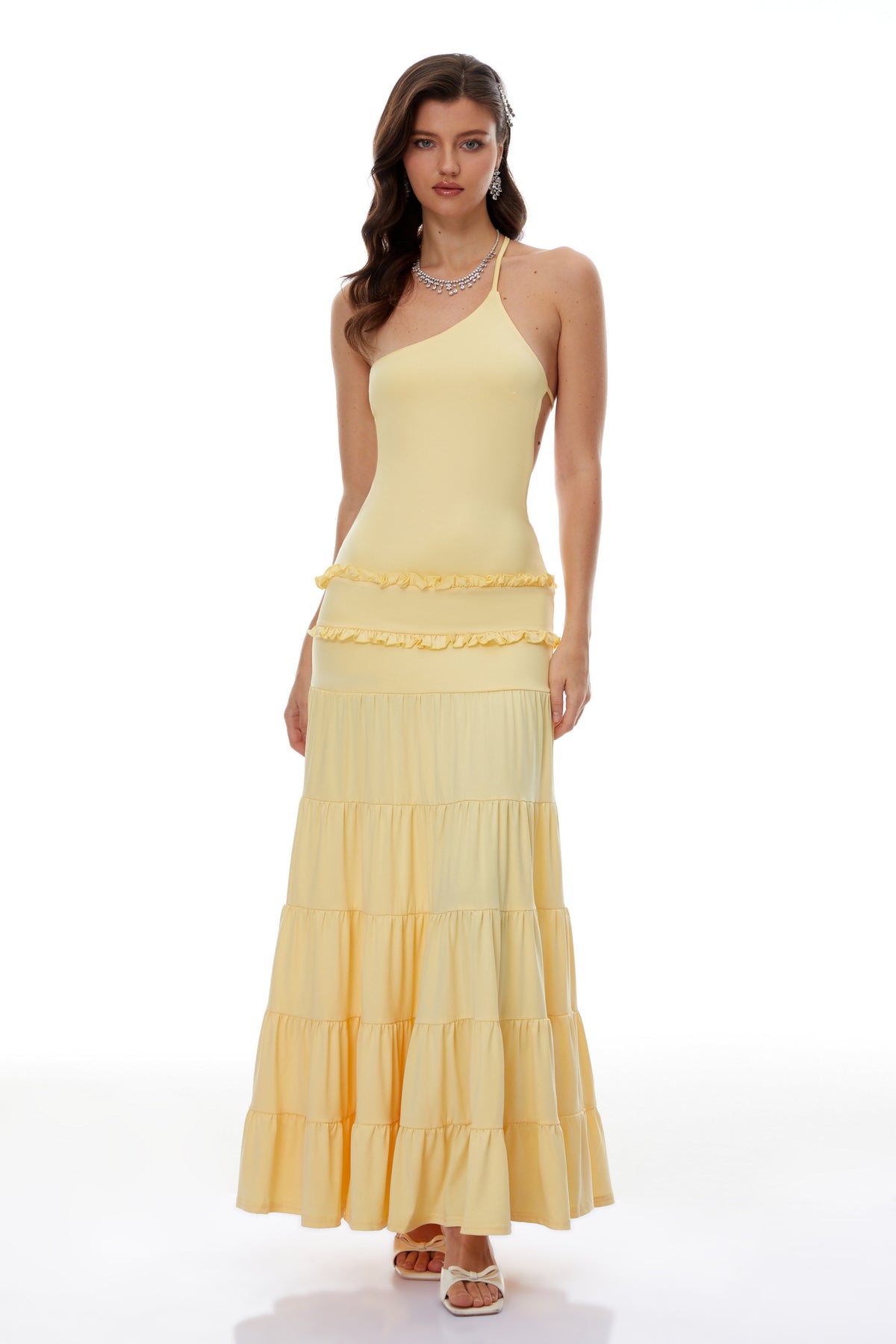 Martina Yellow One Shoulder Tiered Maxi Dress
