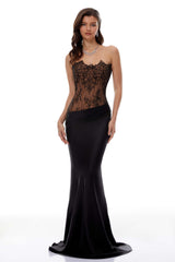 Mirela Black Lace Panel Satin Maxi Dress