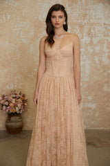 Giuseppina Neutral Pleated Lace Maxi Dress