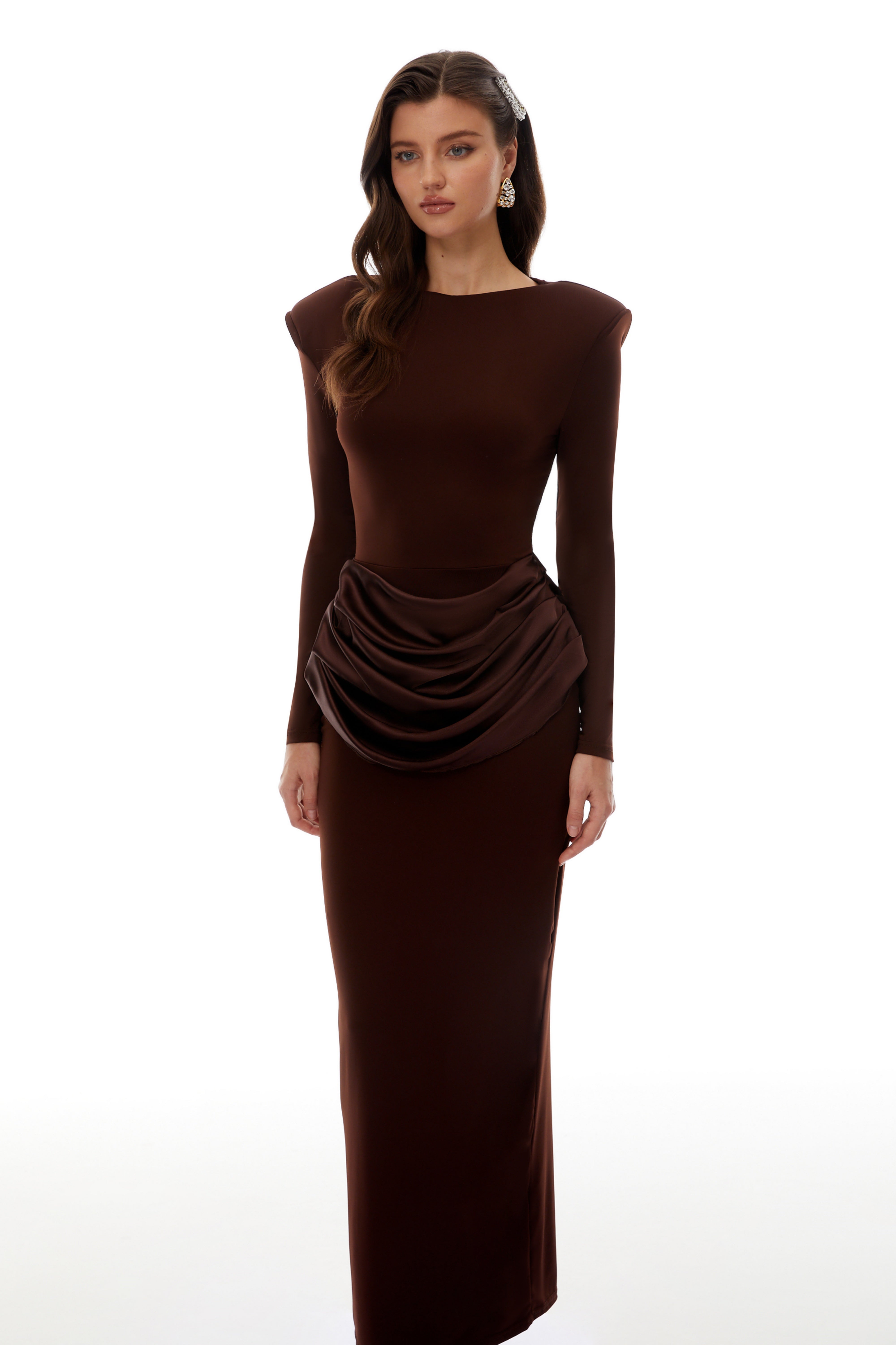 Norma Brown Draped Panel Maxi Dress