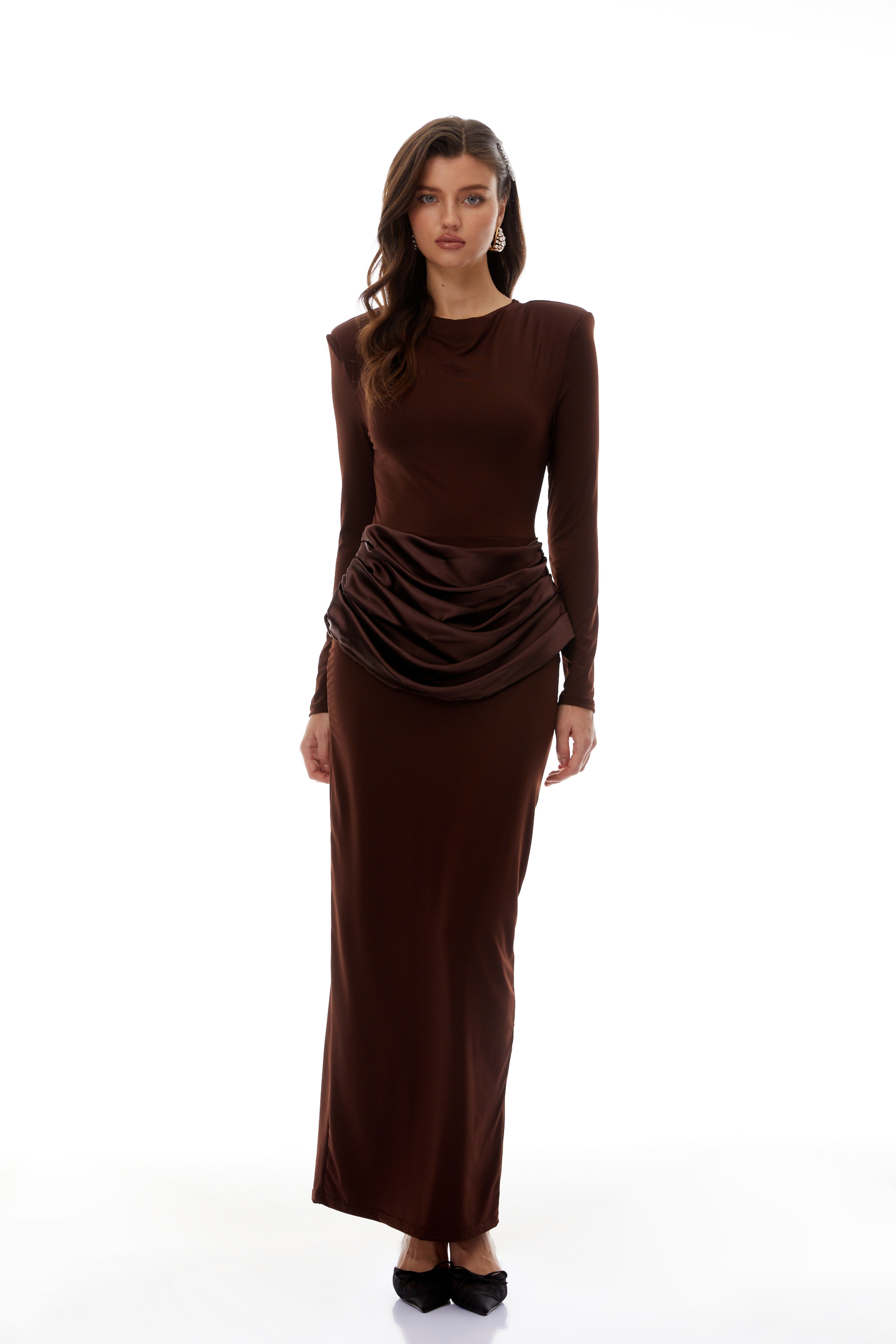 Norma Brown Draped Panel Maxi Dress