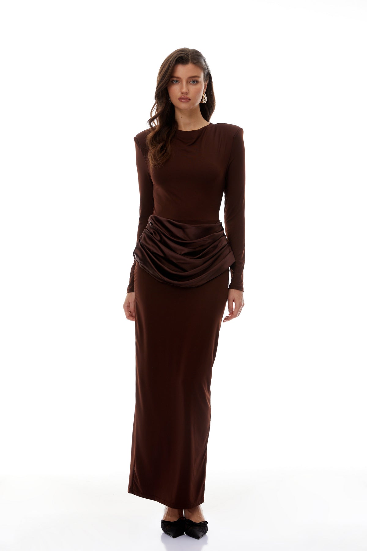 Norma Brown Draped Panel Maxi Dress