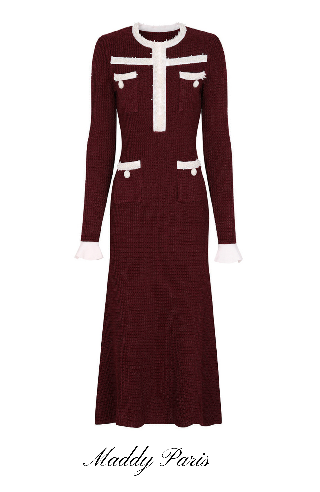 Burgundy Pearl Trim Knit Midi Dress