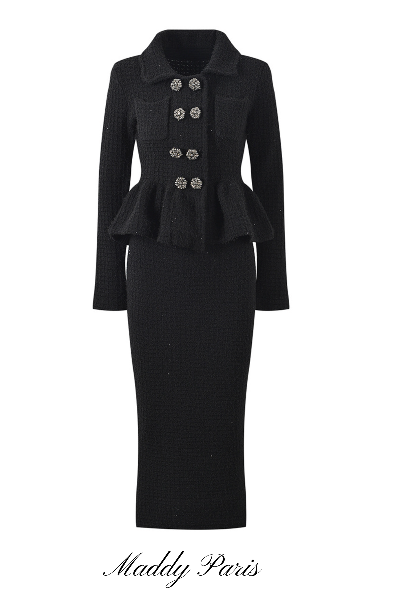 Black Textured Knit Peplum Midi Dress