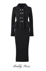 Black Textured Knit Peplum Midi Dress