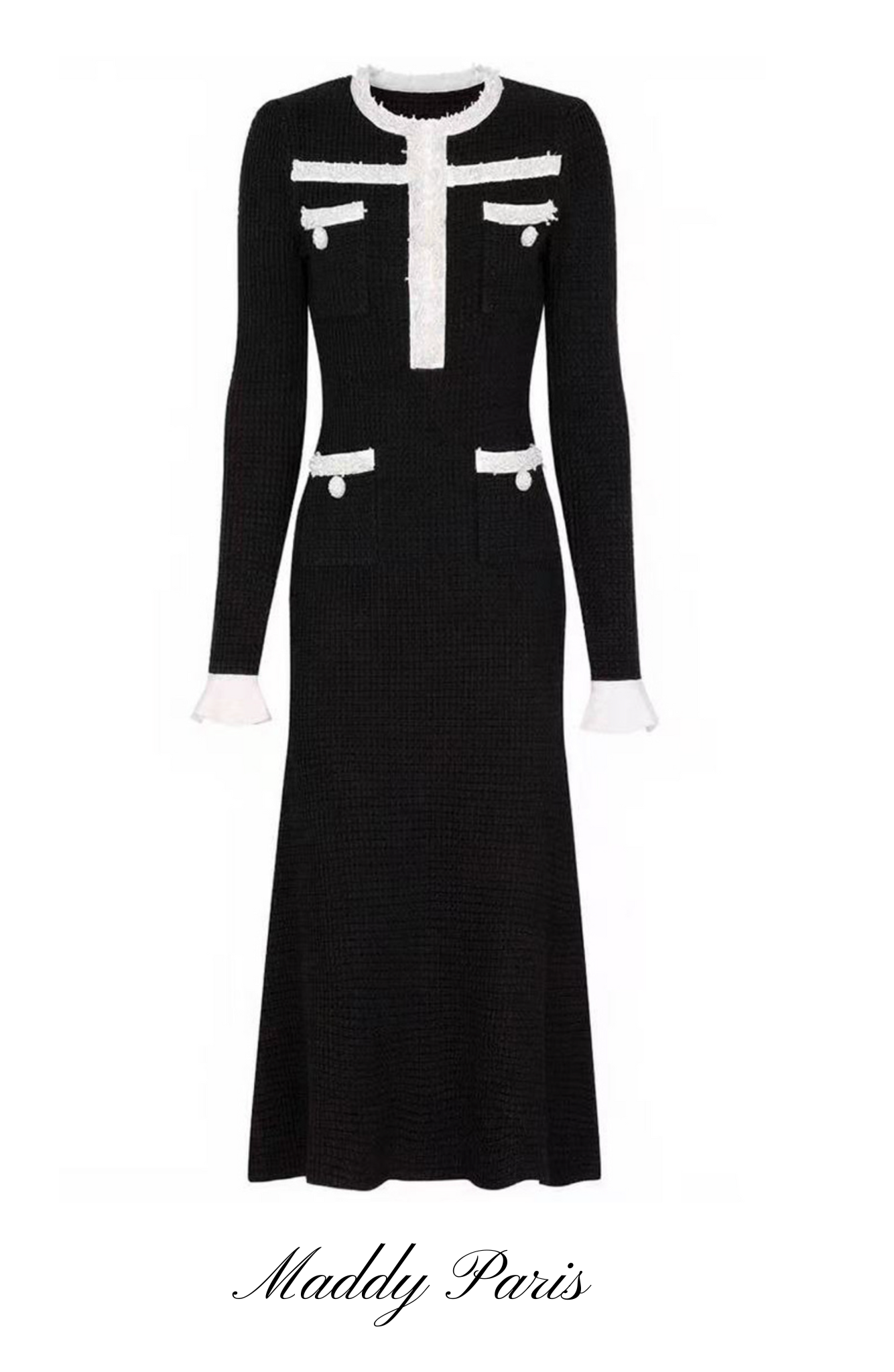 Black Pearl Trim Knit Midi Dress