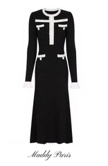 Black Pearl Trim Knit Midi Dress