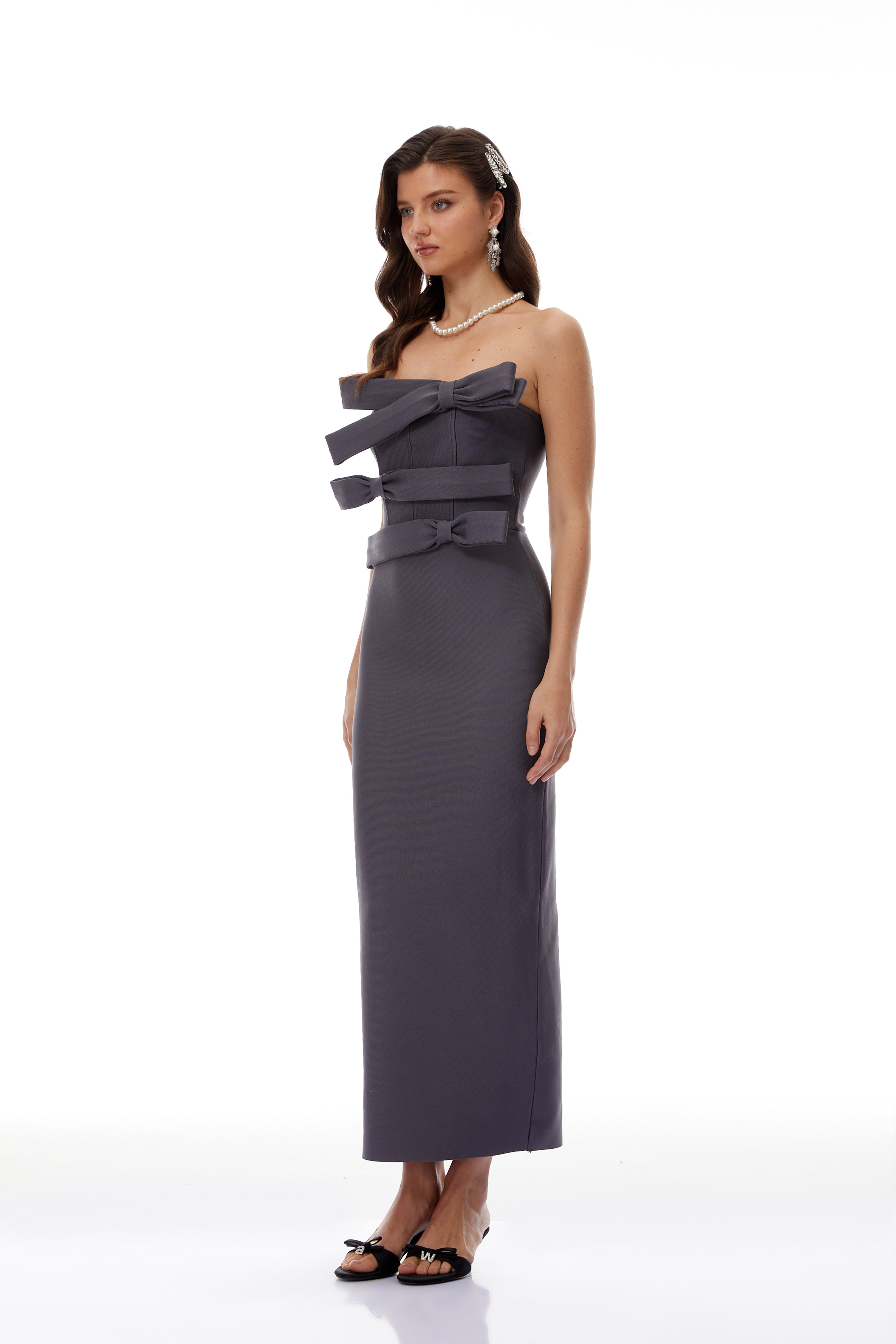 Quinnie Grey Bandage Bodycon Maxi Dress with Bow